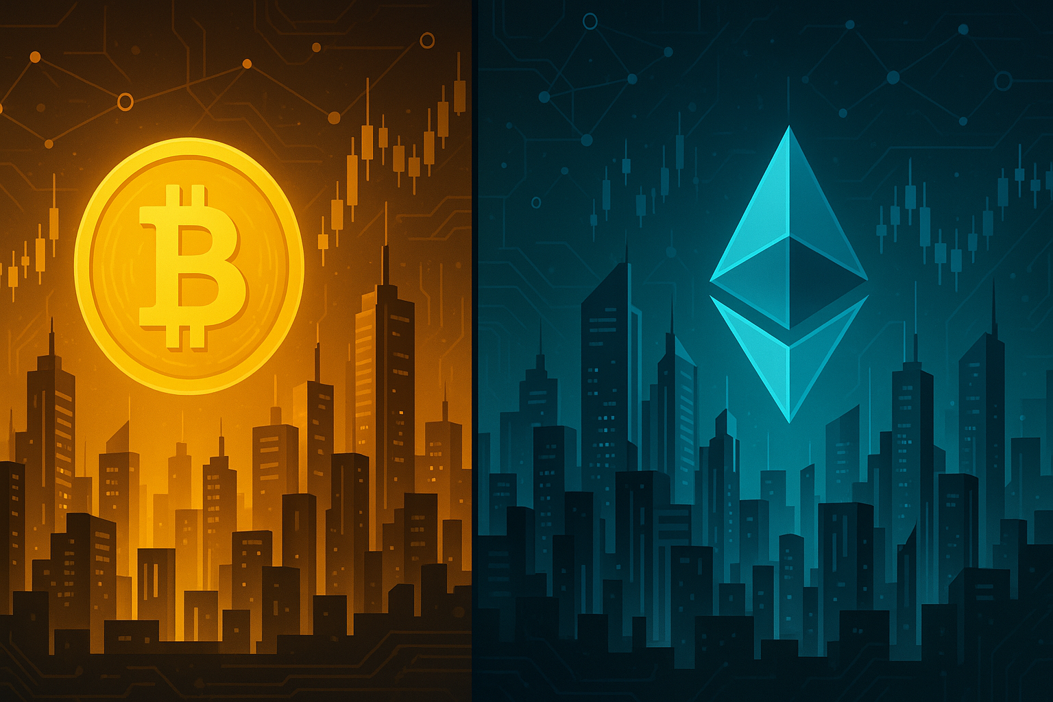 Futuristic split-screen cityscape comparing Bitcoin-style and Ethereum-style crypto worlds