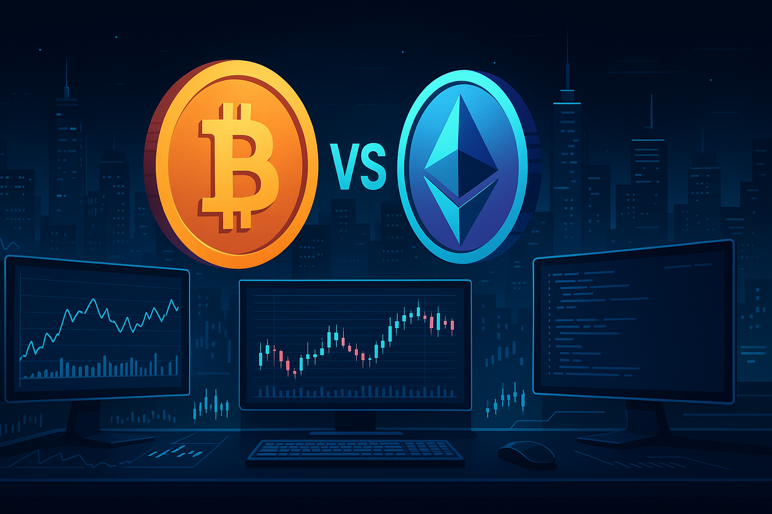High-tech crypto trading desk with Bitcoin-style coin vs Ethereum-style coin at night