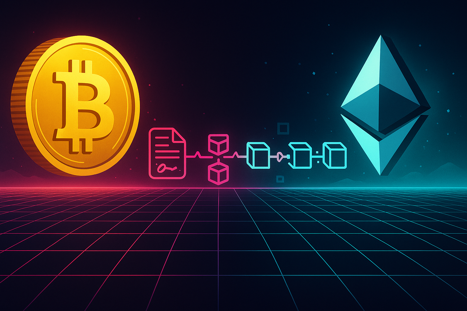 Abstract blockchain battlefield with Bitcoin and Ethereum symbols facing off on a glowing grid