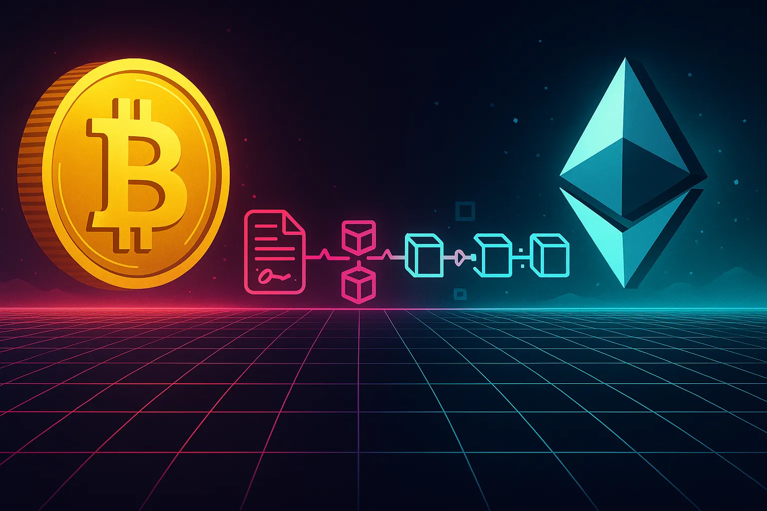 Abstraktes Blockchain-Schlachtfeld mit Bitcoin- und Ethereum-Symbolen, die sich auf einem leuchtenden Raster gegenüberstehen.