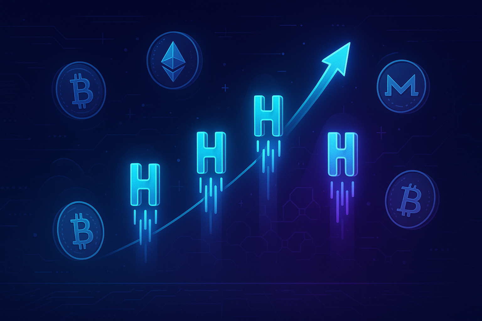 Futuristic HBAR tokens rocketing upward on a neon crypto price chart