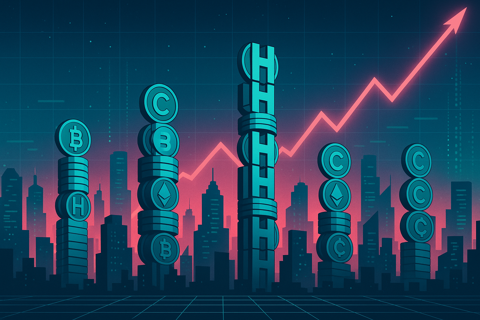 Futuristic crypto cityscape with rising price graph for HBAR bull run