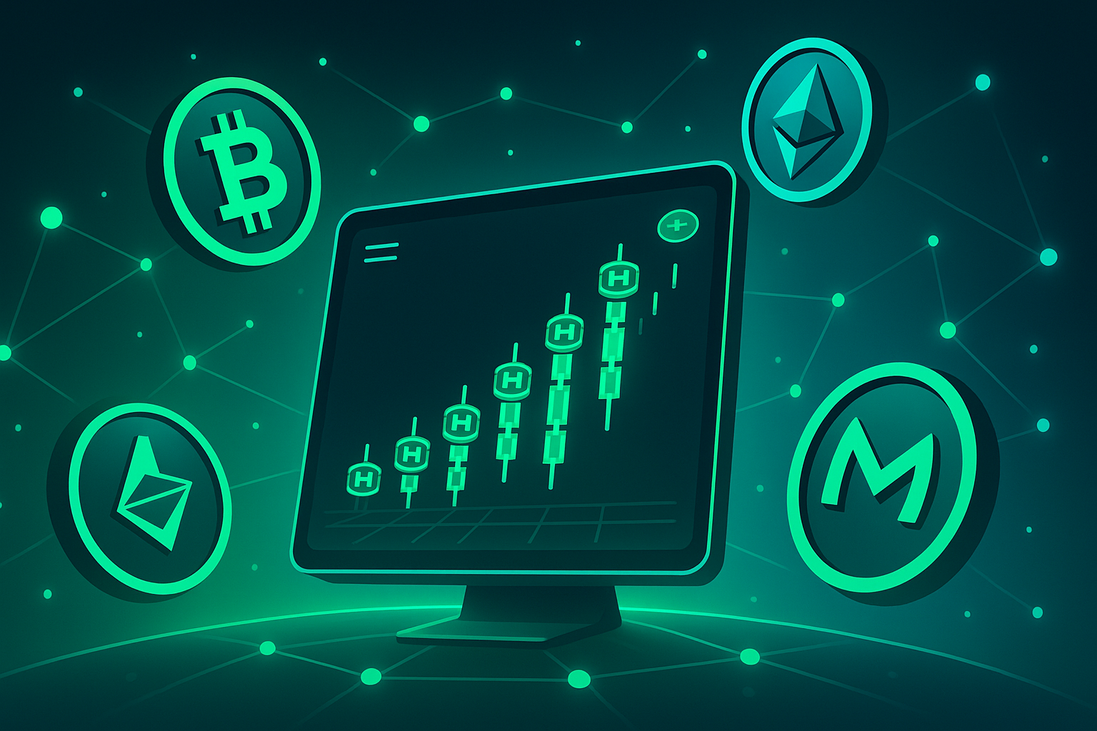 Futuristic crypto trading terminal with H-bar style coins and major altcoins in neon space theme