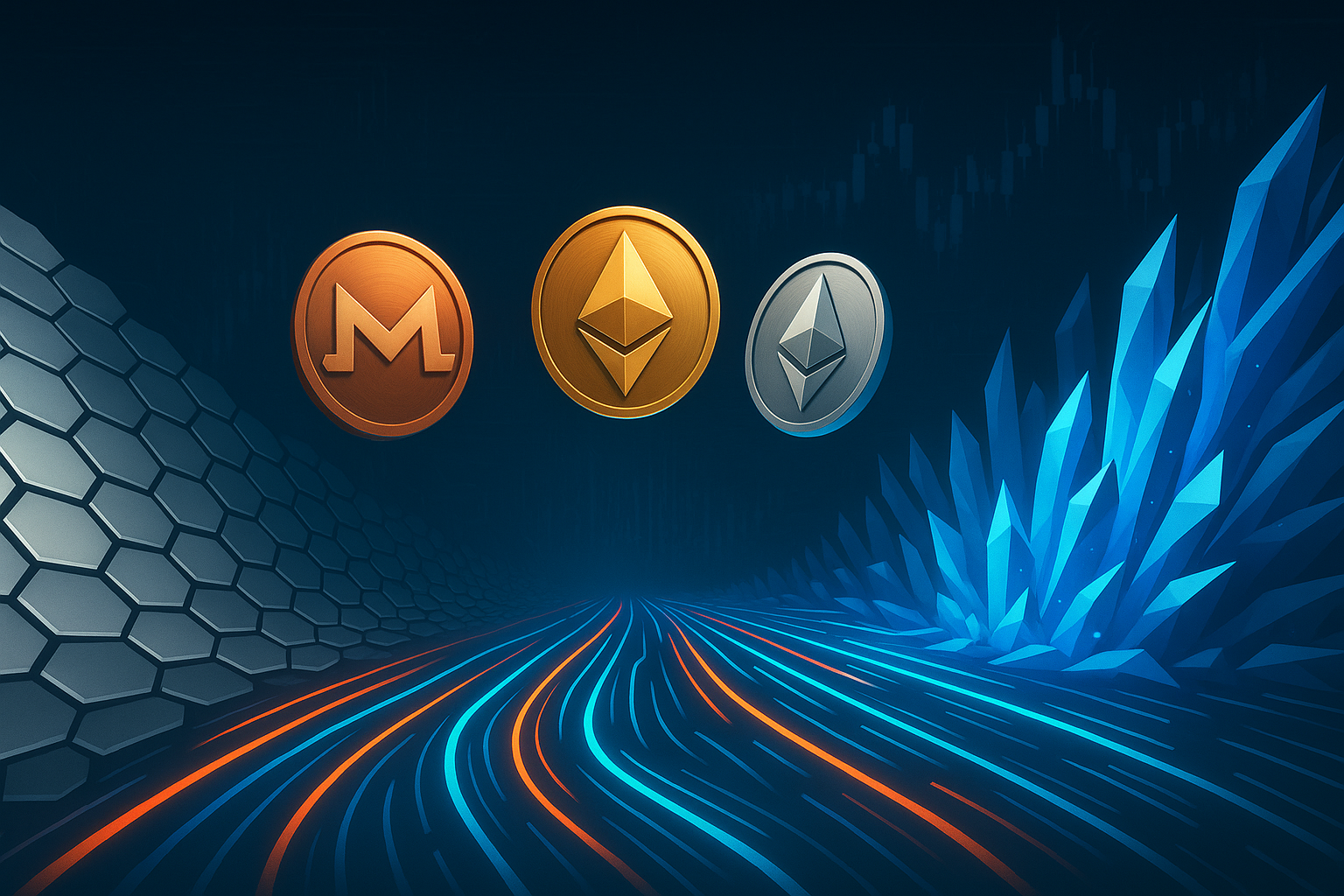 Futuristic crypto ledgers with neutral coins between rival networks