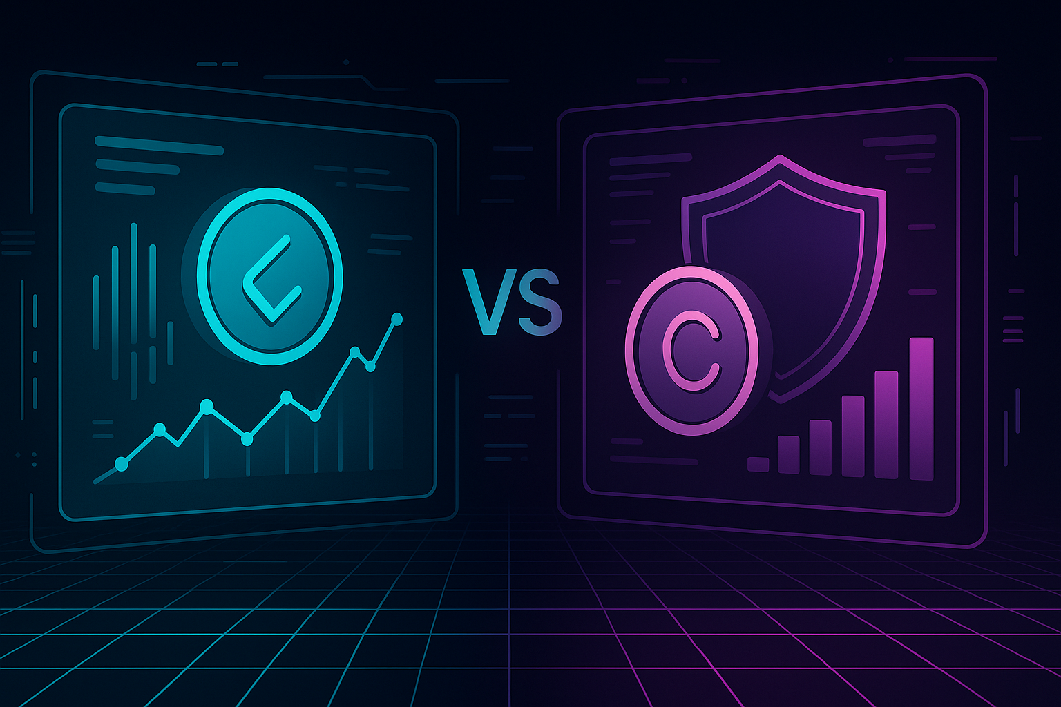 Futuristic split-screen crypto comparison of two digital coins and networks
