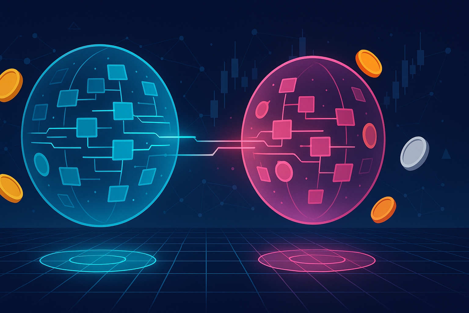 Digital arena with two data orbs facing off amid neutral crypto tokens and network nodes