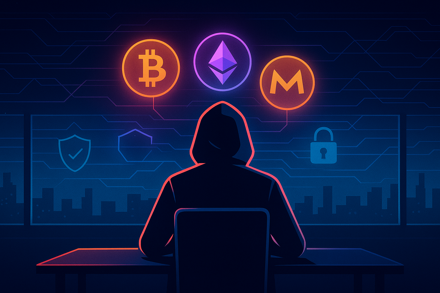 Anonymous crypto user buying Bitcoin at a laptop with privacy icons and floating holographic coins