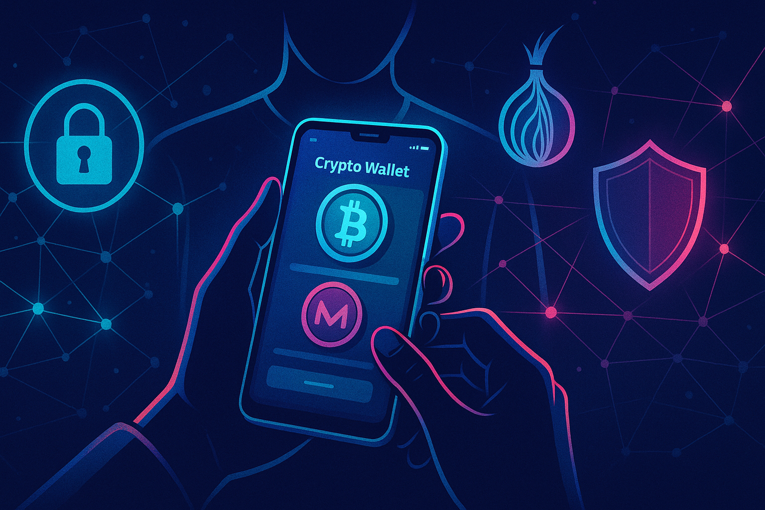 Hands holding a crypto wallet app with privacy icons and blockchain lines on a dark background