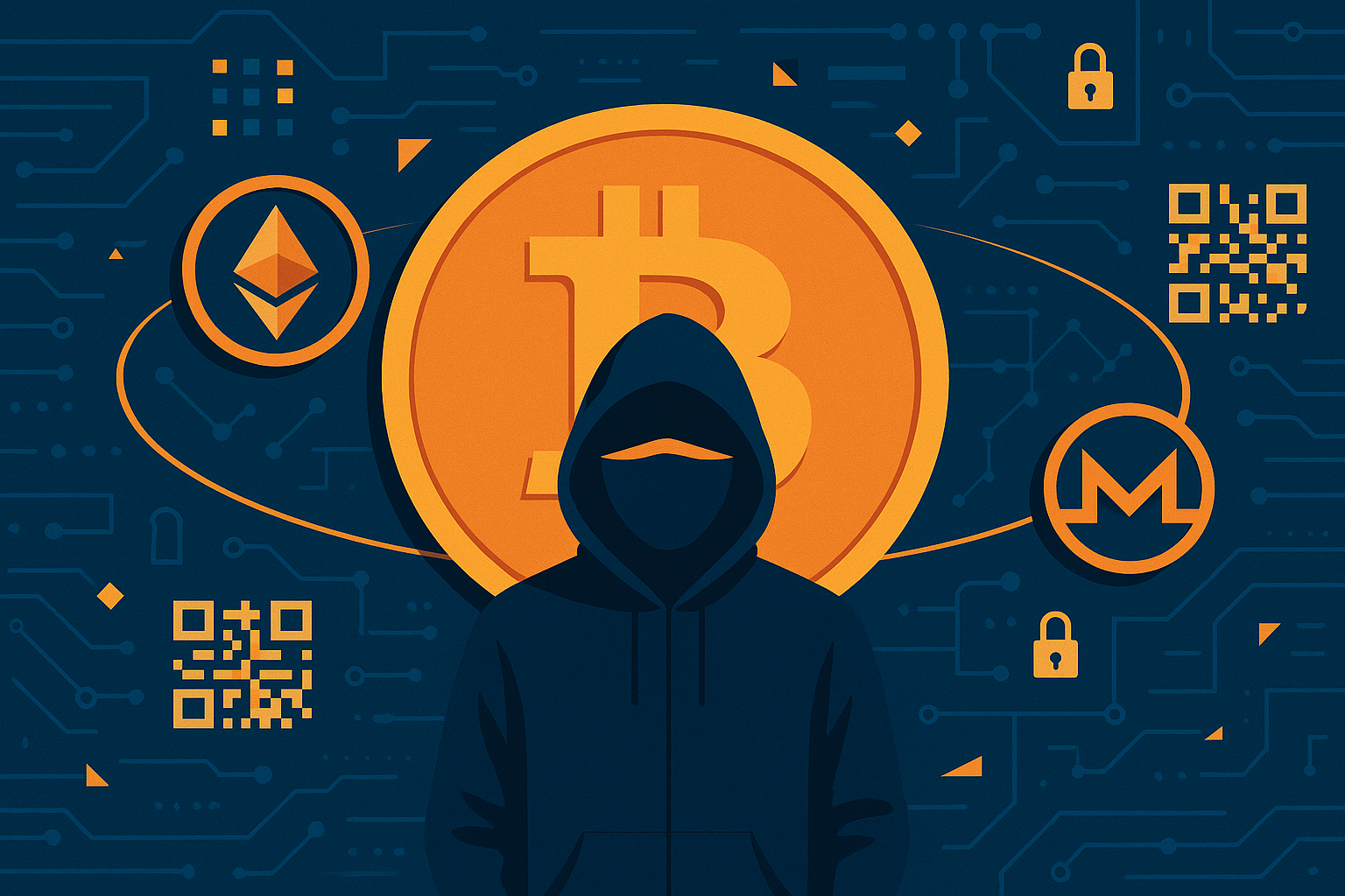 Anonymous crypto trader in hood with facemask before large Bitcoin coin and privacy-focused icons