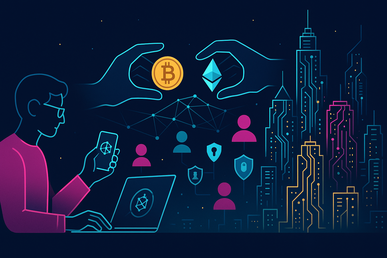 Anonymous traders swapping crypto on a decentralized, KYC-free network at night