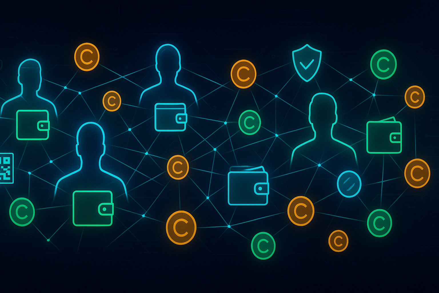 Futuristic decentralized crypto marketplace banner showing anonymous peer-to-peer trading network