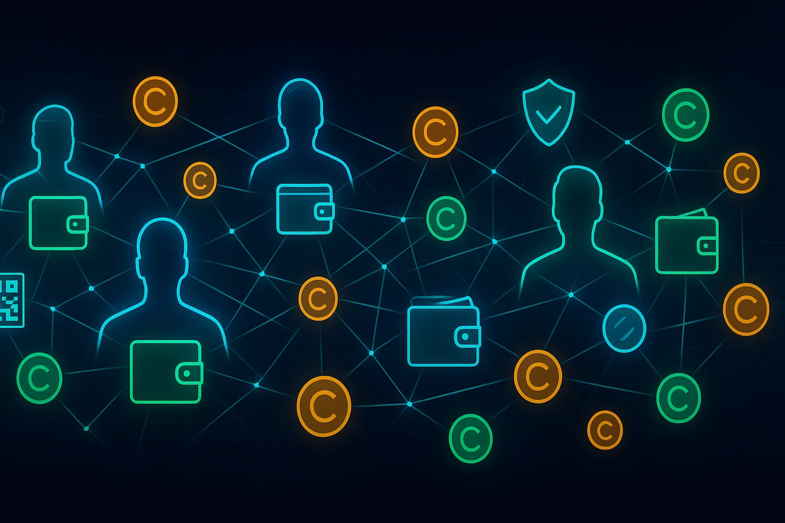 Banner eines futuristischen, dezentralen Krypto-Marktplatzes, der ein anonymes Peer-to-Peer-Handelsnetzwerk zeigt.
