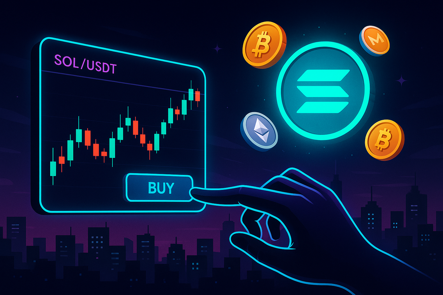 Terminal de negociación futurista que muestra el par SOL/USDT con el botón de compra resaltado.