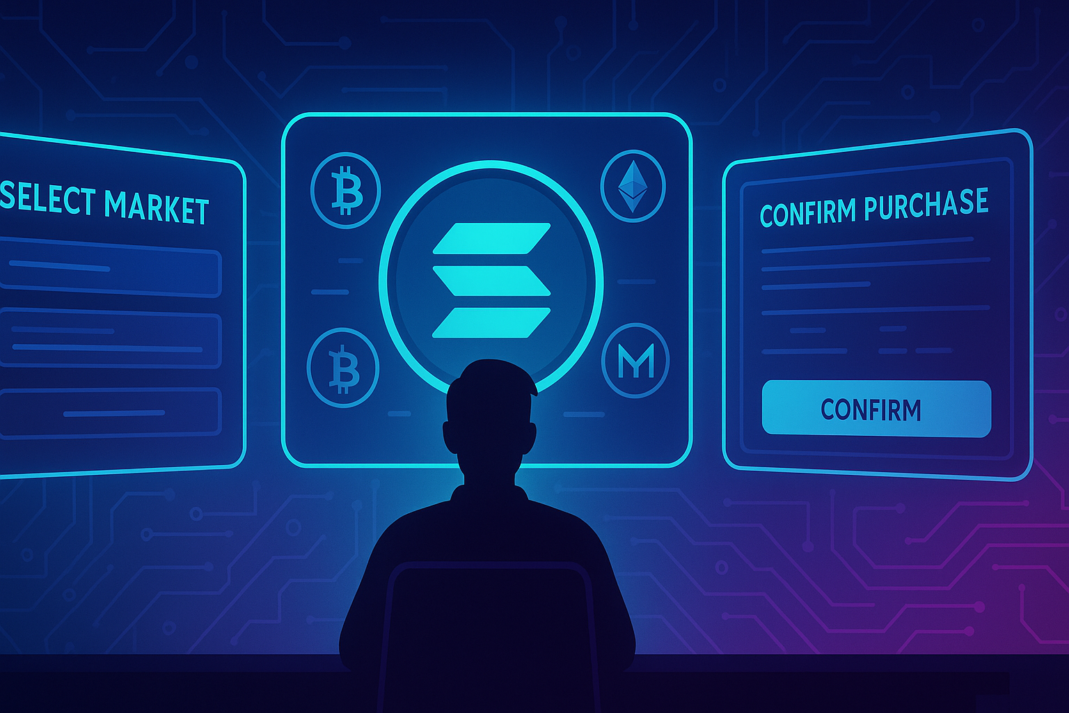 Person using holographic screens to buy Solana crypto with other coins for comparison