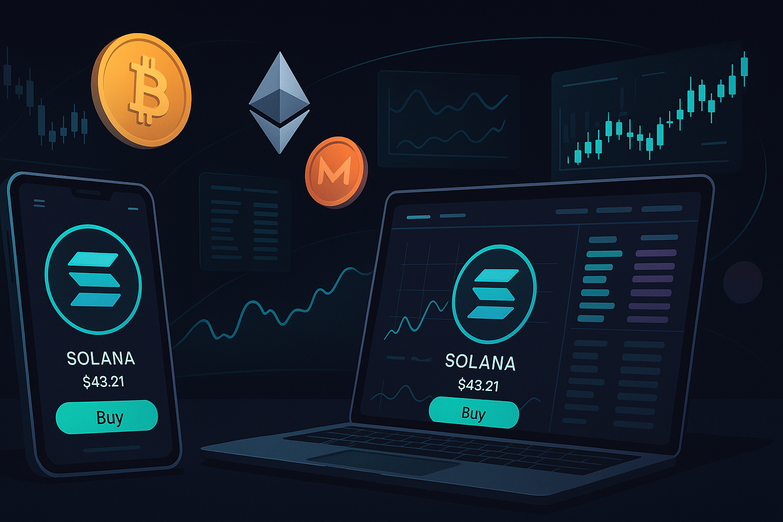 Futuristic trading dashboard showing Solana-style coin with buy interface