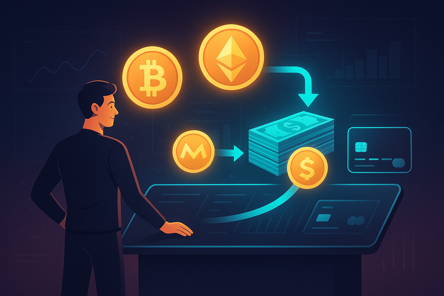 Usuario de criptomonedas en una plataforma de intercambio digital que convierte monedas en efectivo y tarjetas.