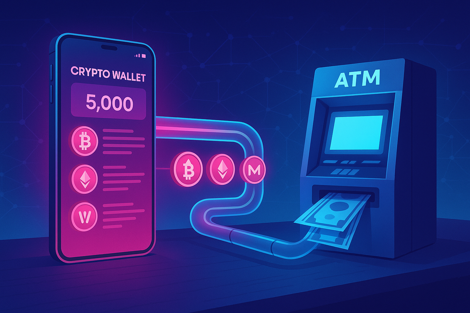 Smartphone crypto wallet sending coins through a digital pipeline to an ATM dispensing cash