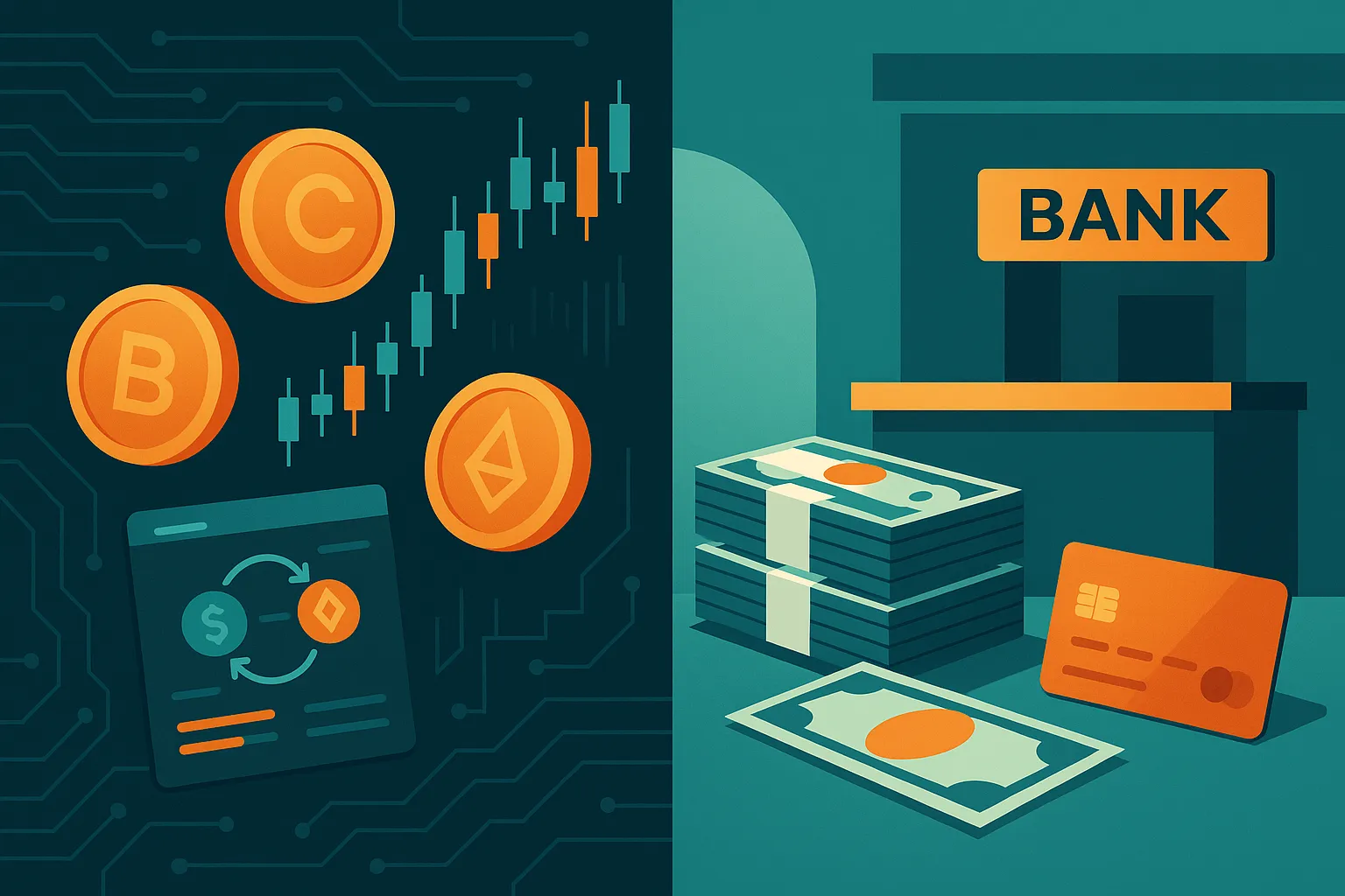 Illustrazione a schermo diviso del trading di criptovalute che si converte in contanti e carte