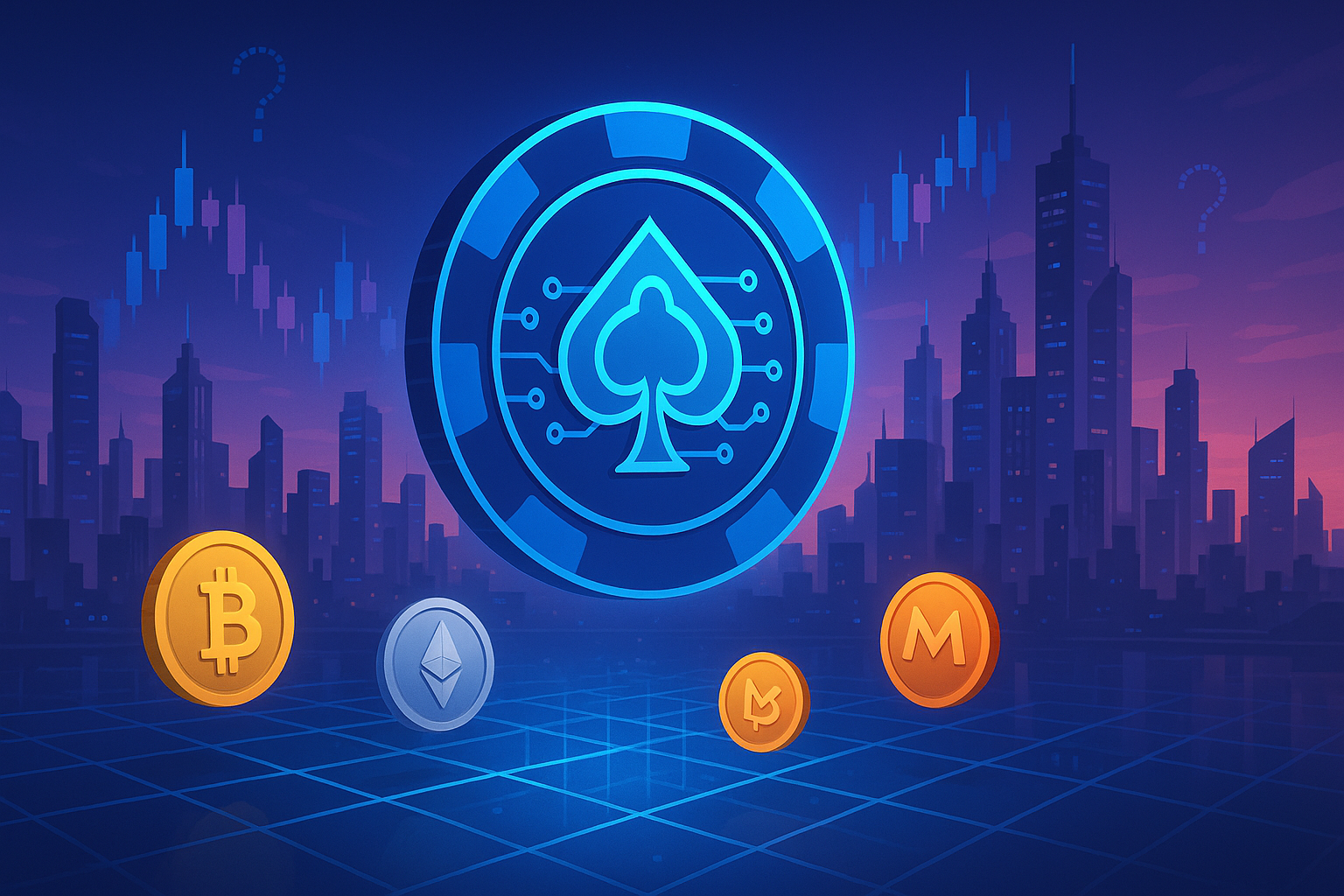 Futuristic crypto city with a glowing Cardano-style coin and market charts