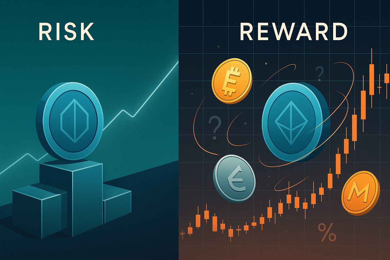 Split-screen risk vs reward crypto scene with Cardano-style coin
