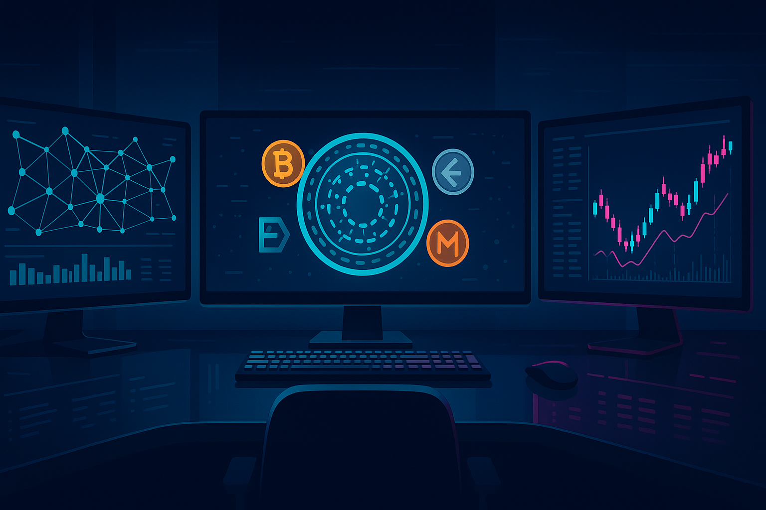 High-tech crypto trading desk with charts and abstract ADA-like blue coin