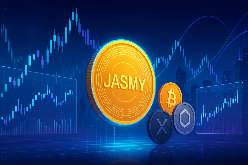 光り輝くJASMYコインと上昇する暗号通貨チャートを備えた未来的なデジタル取引フロア
