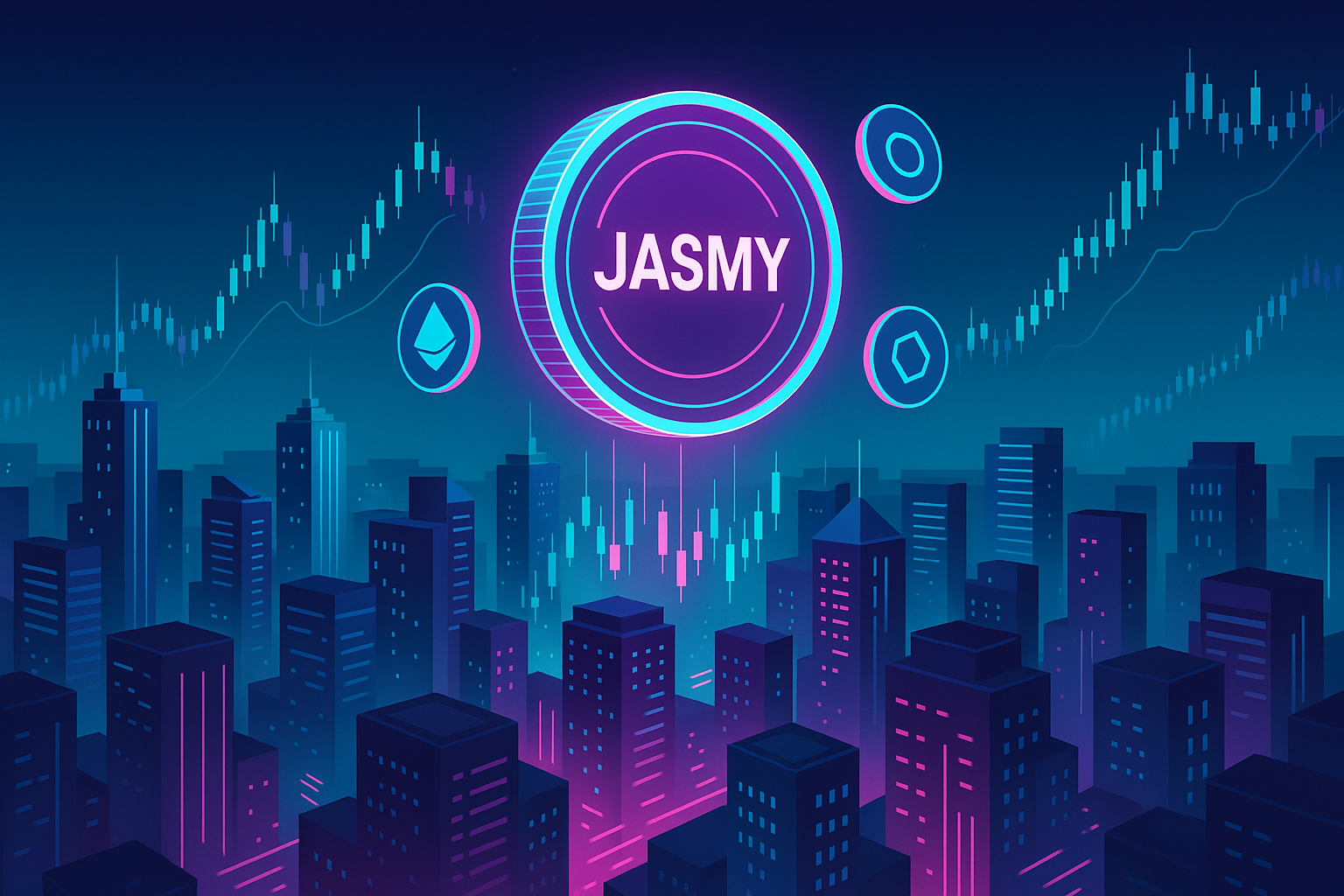 Neon JASMY coin above futuristic city with price charts in sky