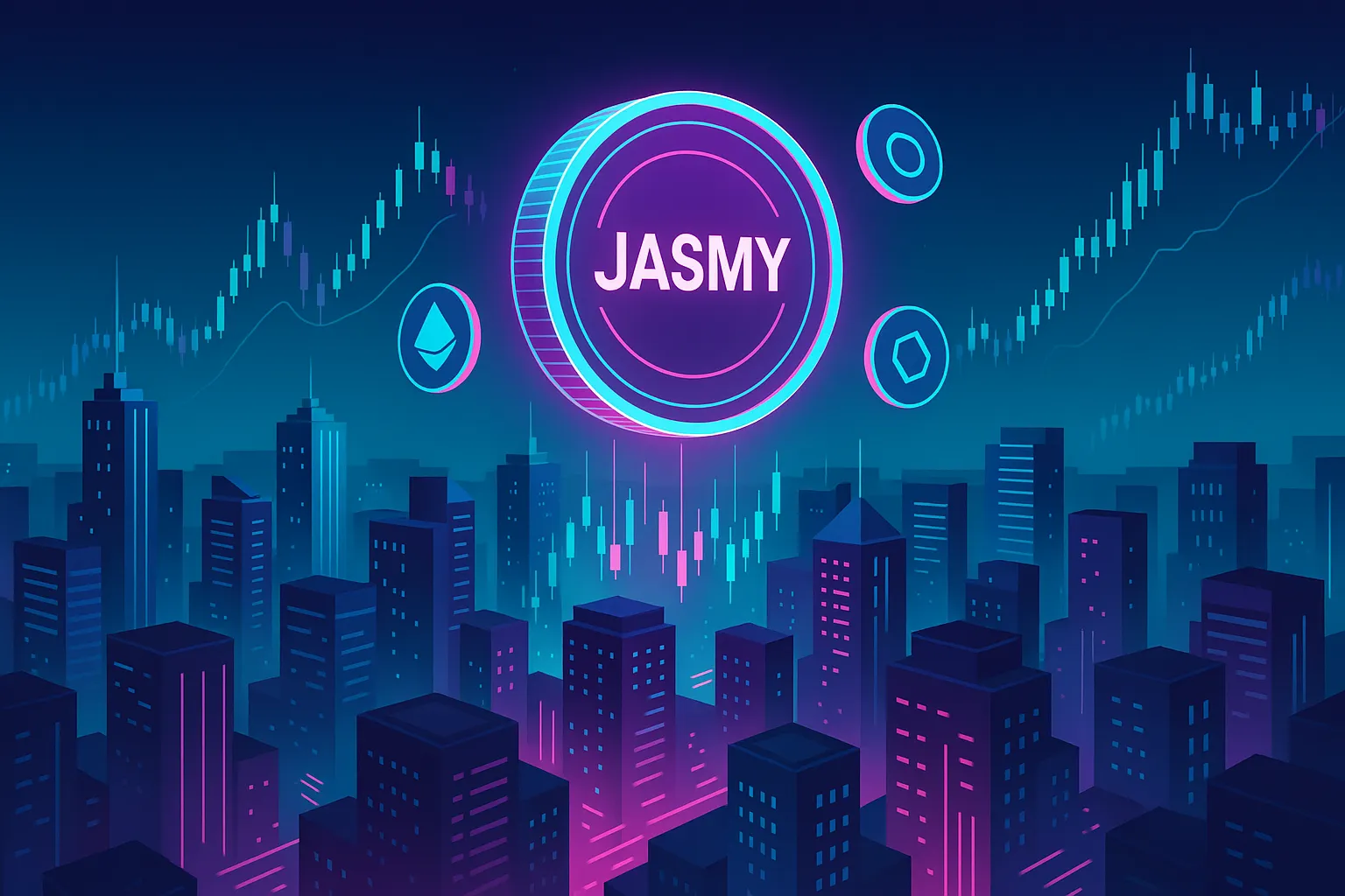 未来都市の上空にネオンカラーの JASMY コインと価格チャート