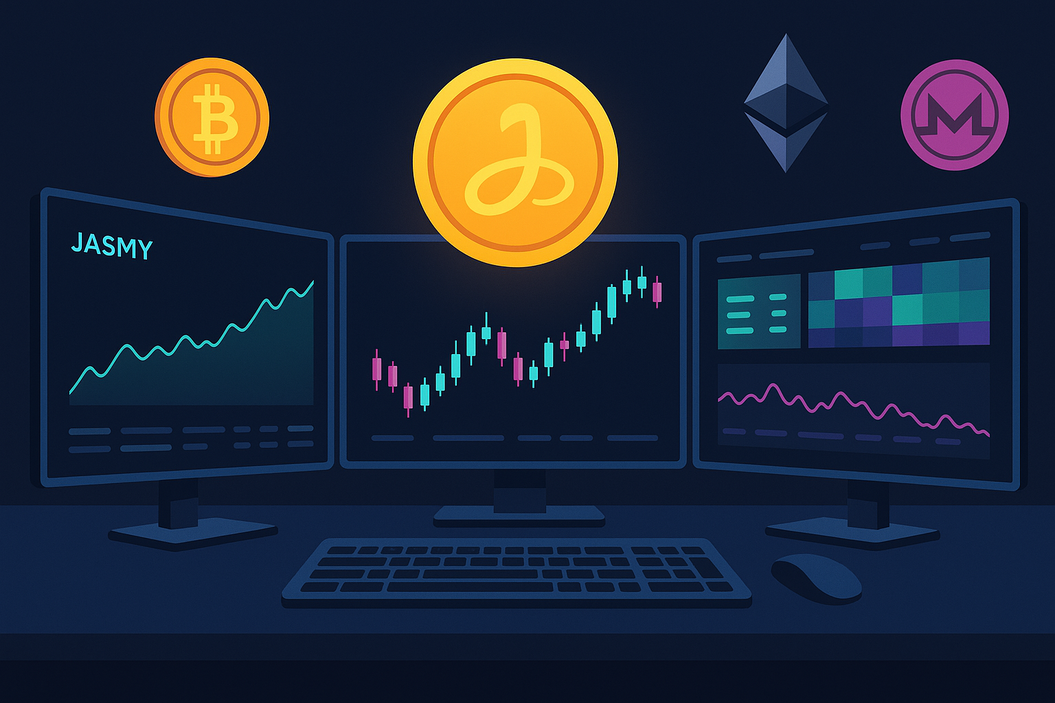 Trader desk with charts showing JASMY coin price prediction in modern crypto setup