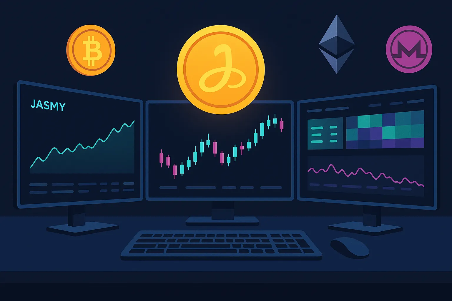 現代の暗号通貨設定におけるJASMYコインの価格予測を示すチャートを備えたトレーダーデスク