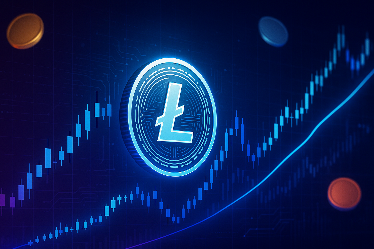 La criptomoneda Litecoin se muestra en un panel de operaciones futurista con velas de precios ascendentes.