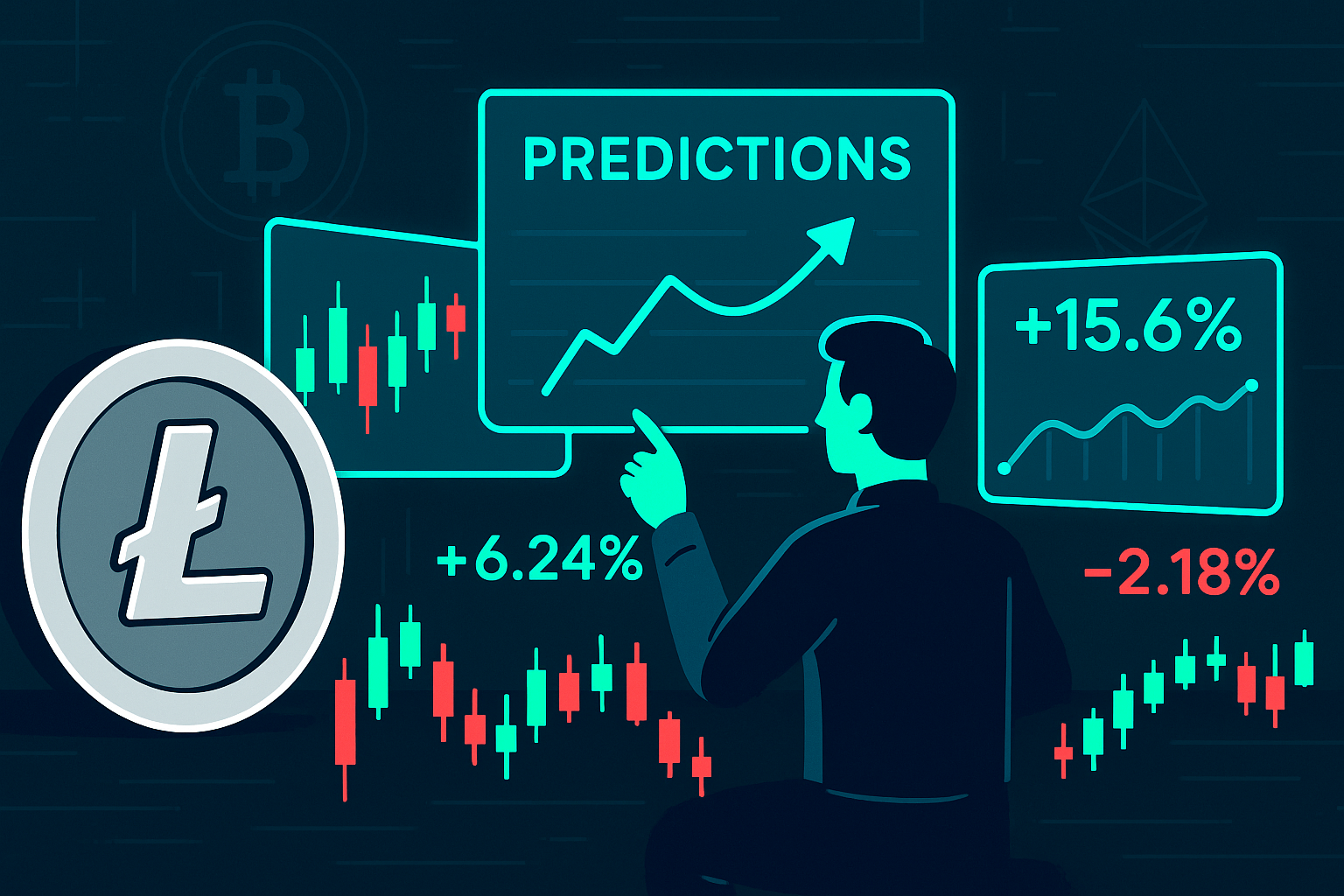 Crypto trader studying litecoin price predictions on holographic charts