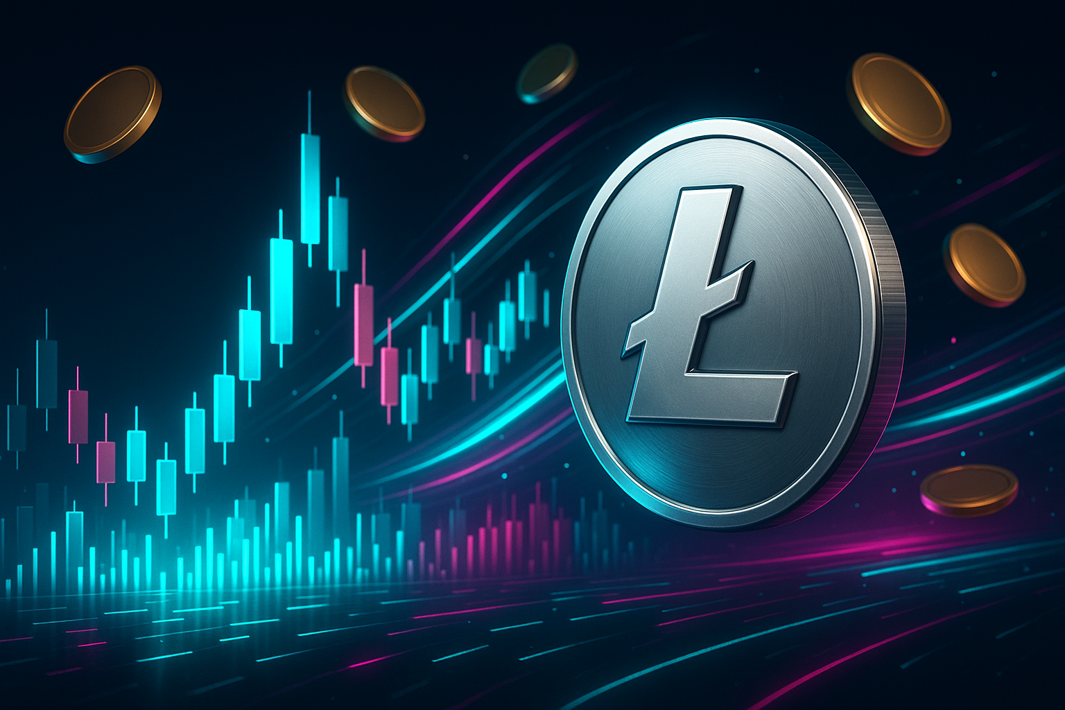 Futuristic litecoin price chart cityscape with glowing candlesticks and LTC coin
