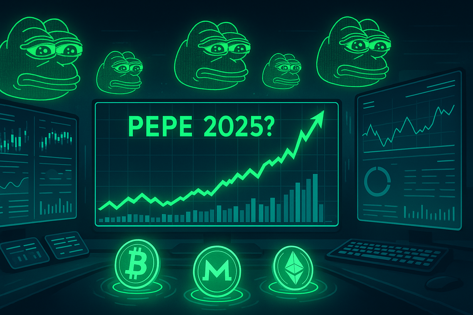 Futuristic crypto trading desk with holographic charts forecasting Pepe coin price in 2025