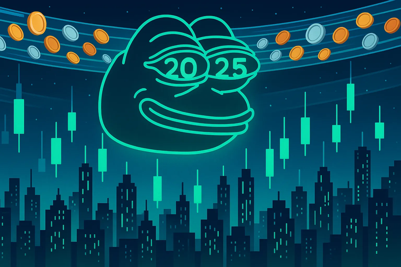 Ville futuriste de gratte-ciel en forme de chandeliers, ornée de néons représentant Pepe la grenouille et de cryptomonnaies, symbolisant le prix du Pepe Coin en 2025.