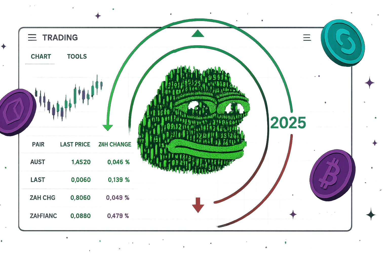 Pepe coin 2025 price prediction banner with crypto trading terminal and candlestick frog silhouette