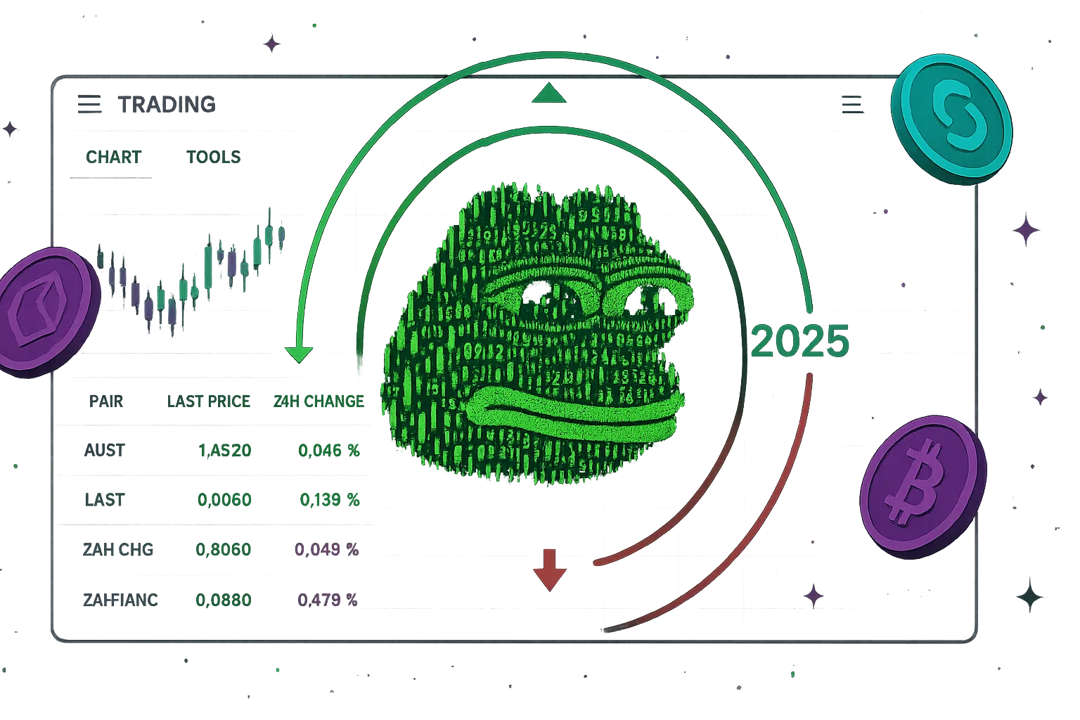 Bannière de prédiction du prix du Pepe Coin en 2025 avec terminal de trading de cryptomonnaies et silhouette de grenouille en chandelier.