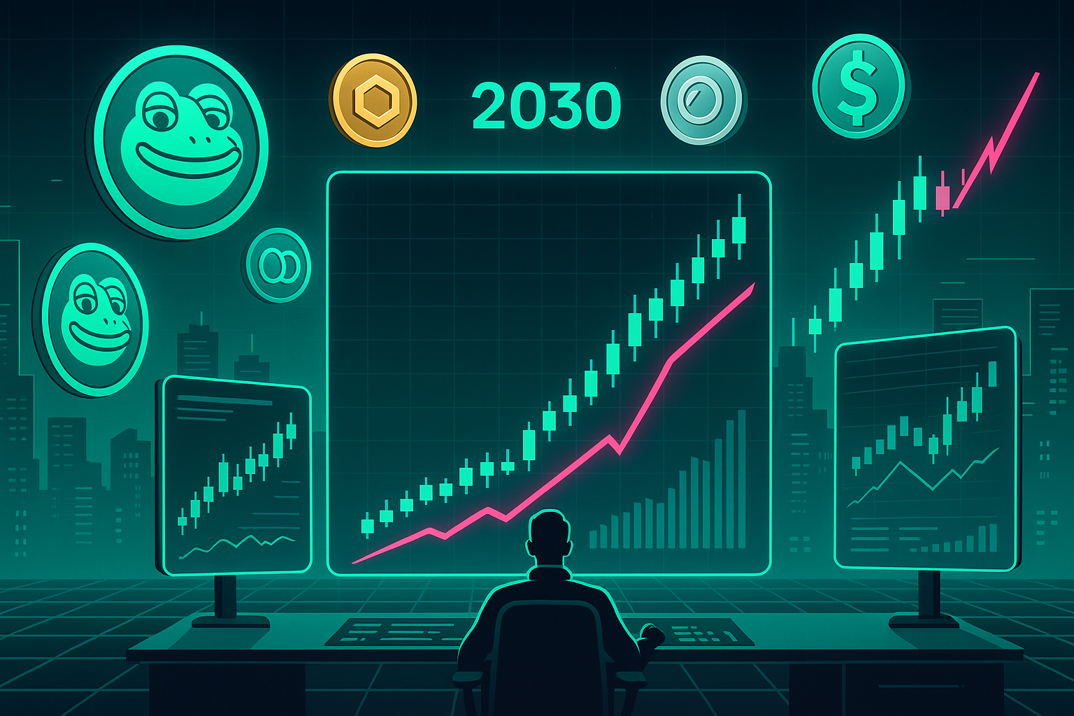 Futuristic trading desk with frog meme coins and rising crypto price charts for 2030