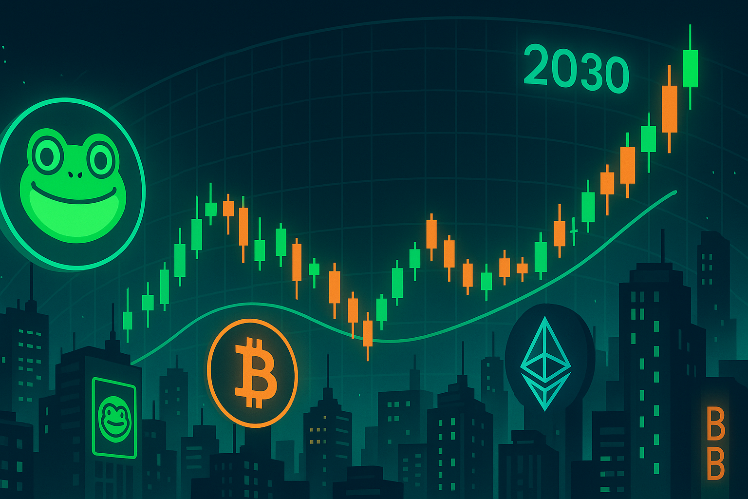 Futuristic crypto city skyline with Pepe coin and 2030 price charts in neon lights