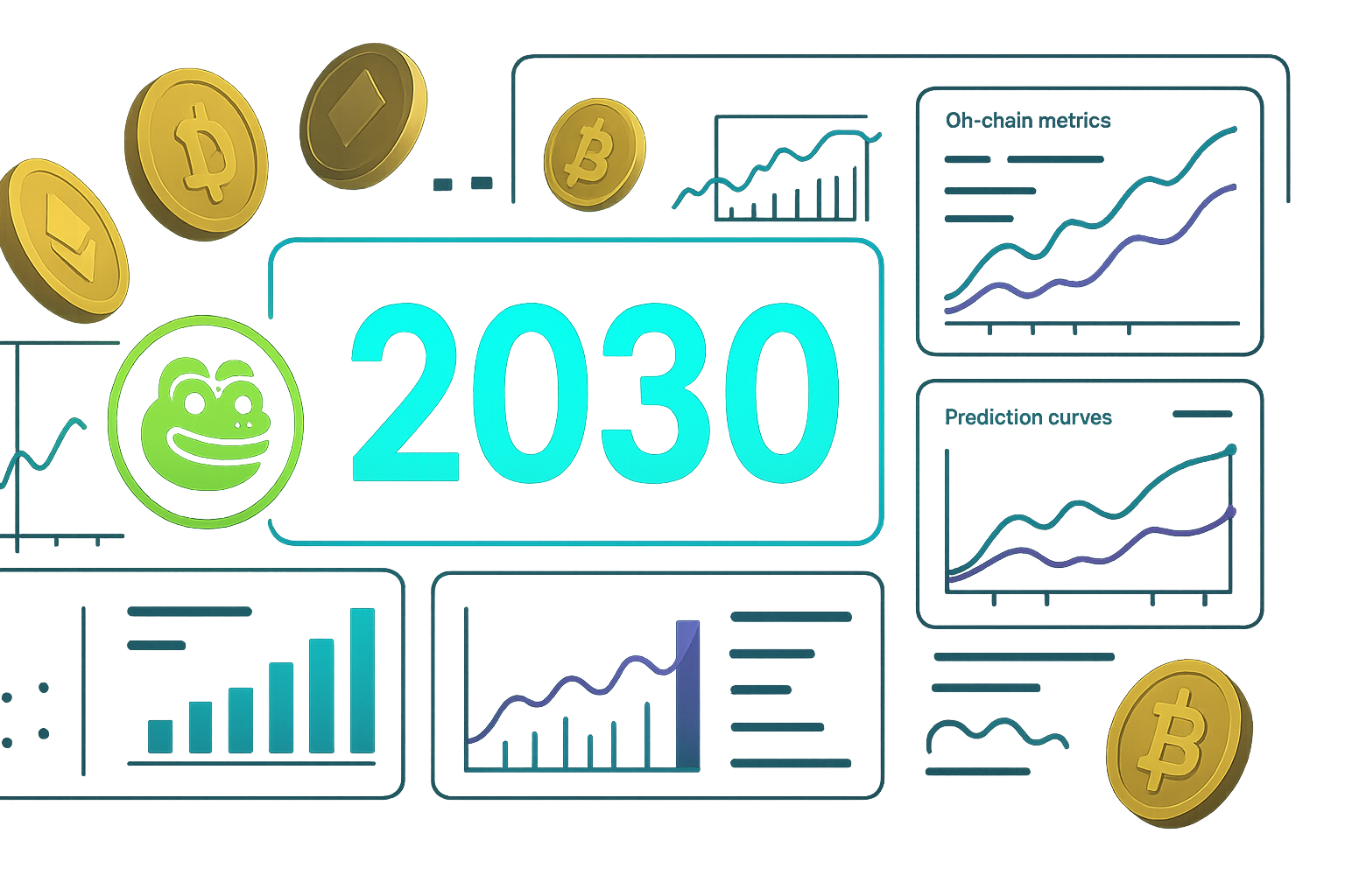 Futuristic crypto dashboard with frog meme coin and 2030 price charts