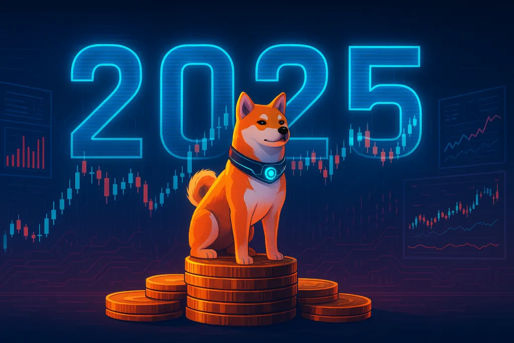Previsão do preço da moeda Shiba Inu em 2025 com gráficos e moedas de criptomoedas em neon.