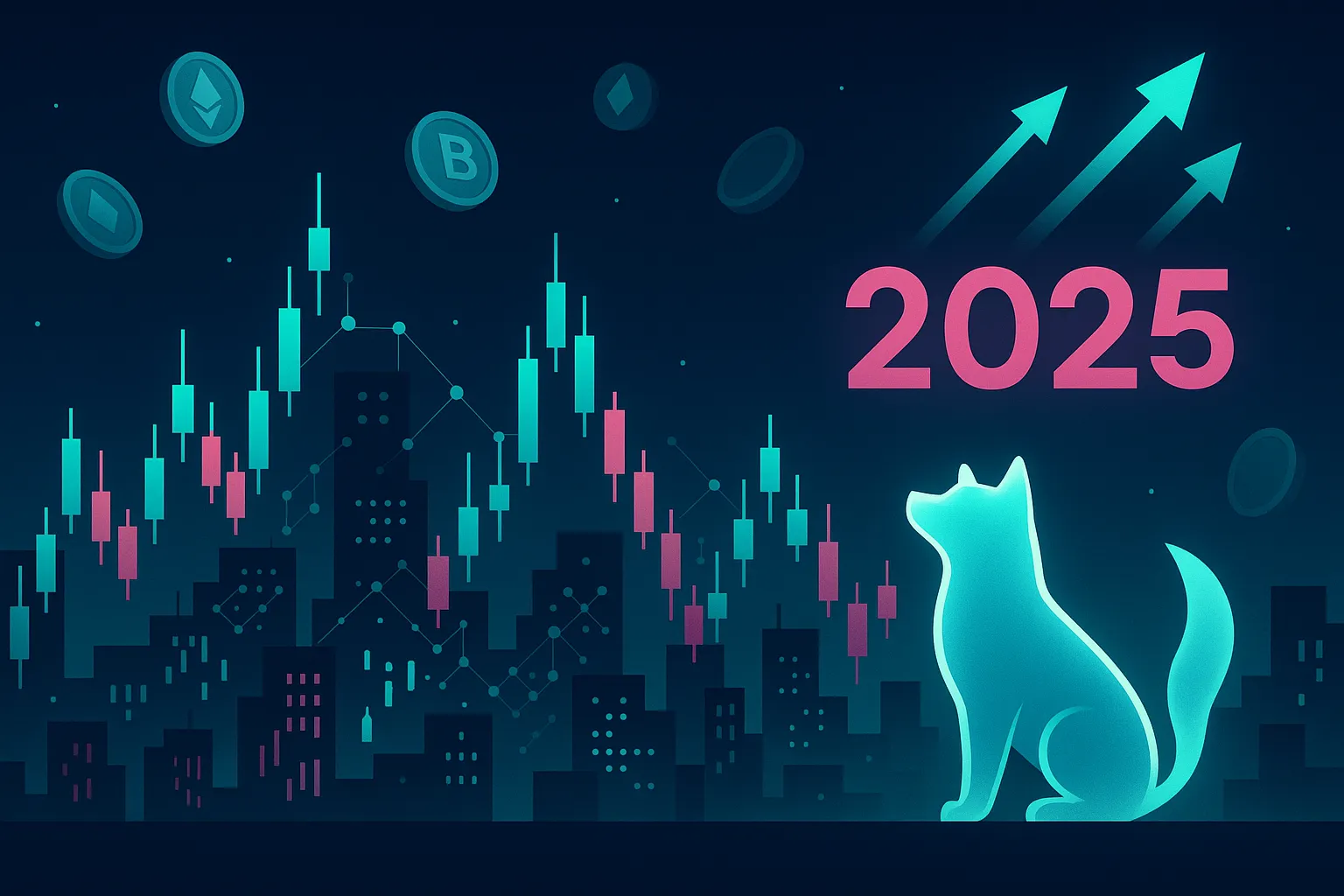 Previsão do preço da moeda Shiba Inu em 2025: paisagem urbana cripto à noite.