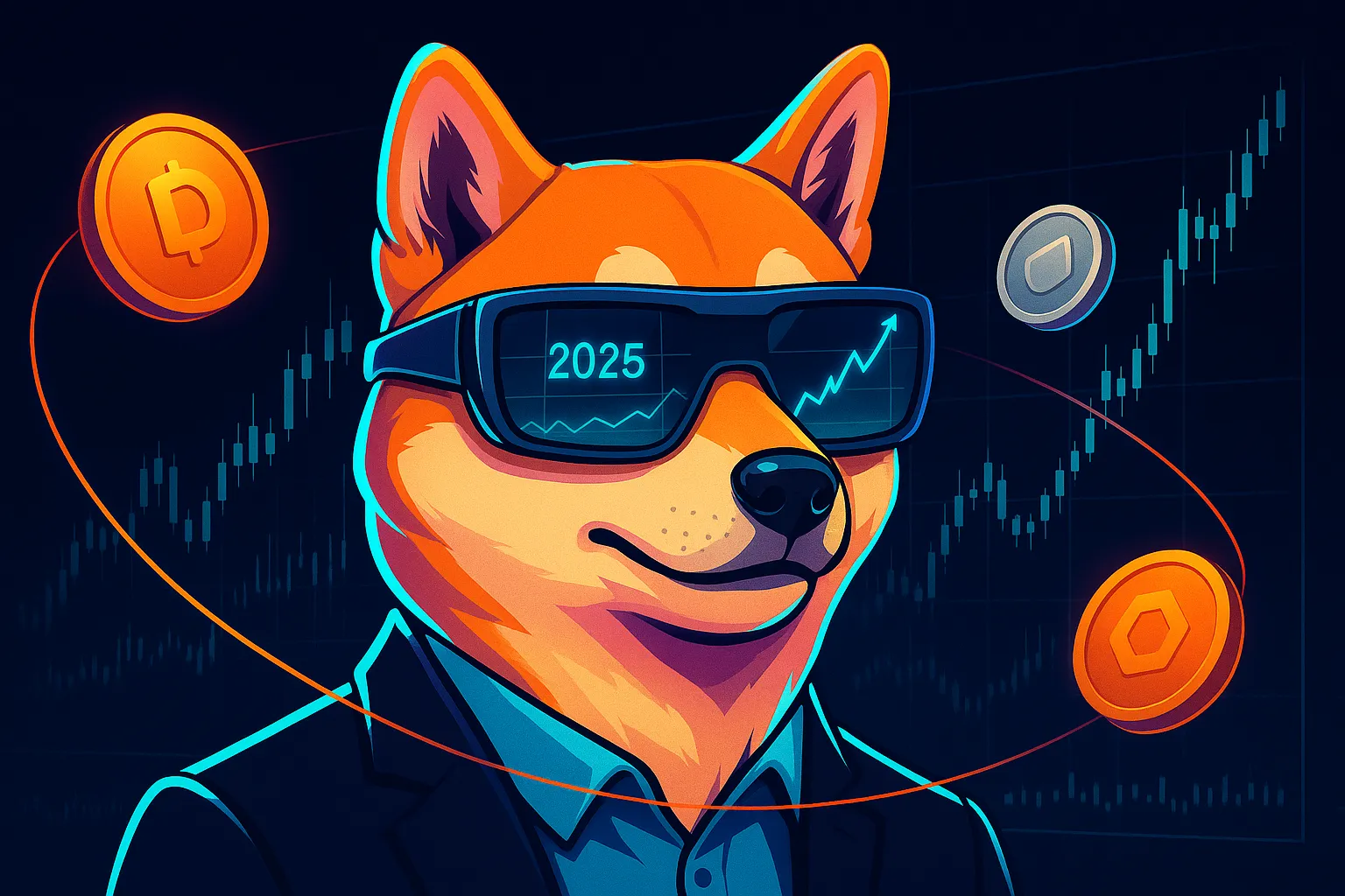 Trader da raça Shiba Inu com óculos de realidade aumentada analisa gráficos de preços de criptomoedas para 2025.