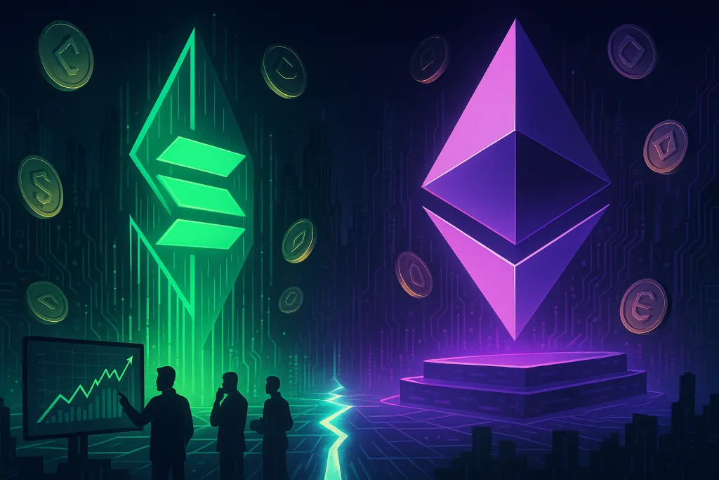 Futuristic Solana-like and Ethereum-like blockchains facing off across a digital divide