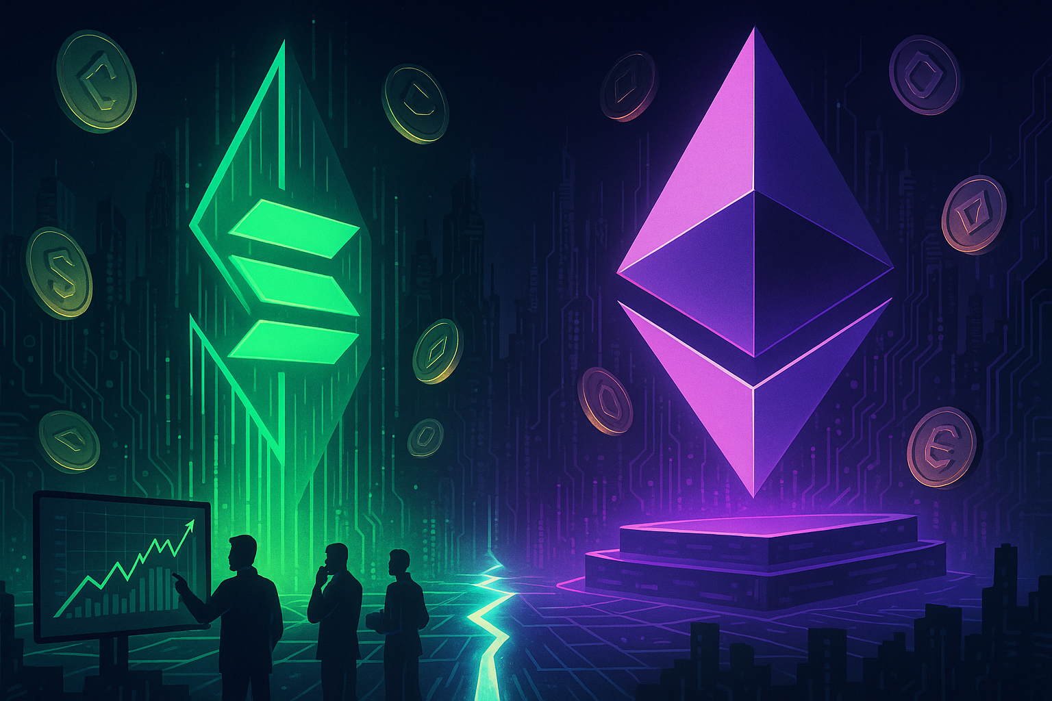 Futuristic Solana-like and Ethereum-like blockchains facing off across a digital divide