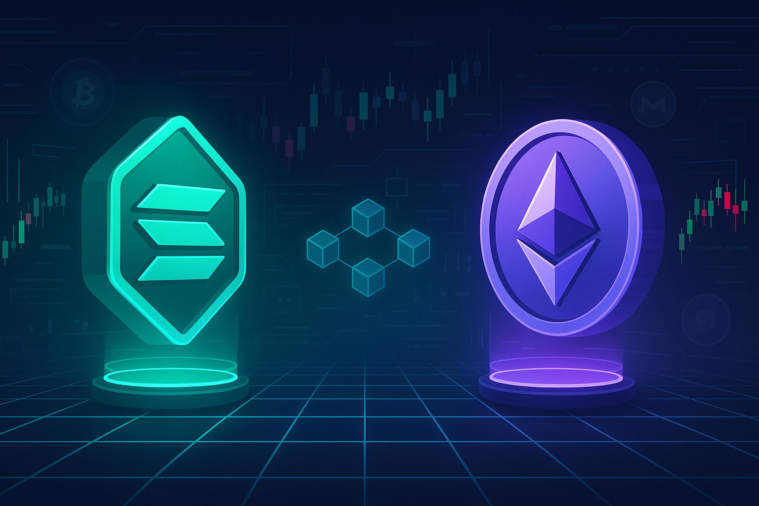 Futuristic trading arena comparing Solana and Ethereum with charts and coins