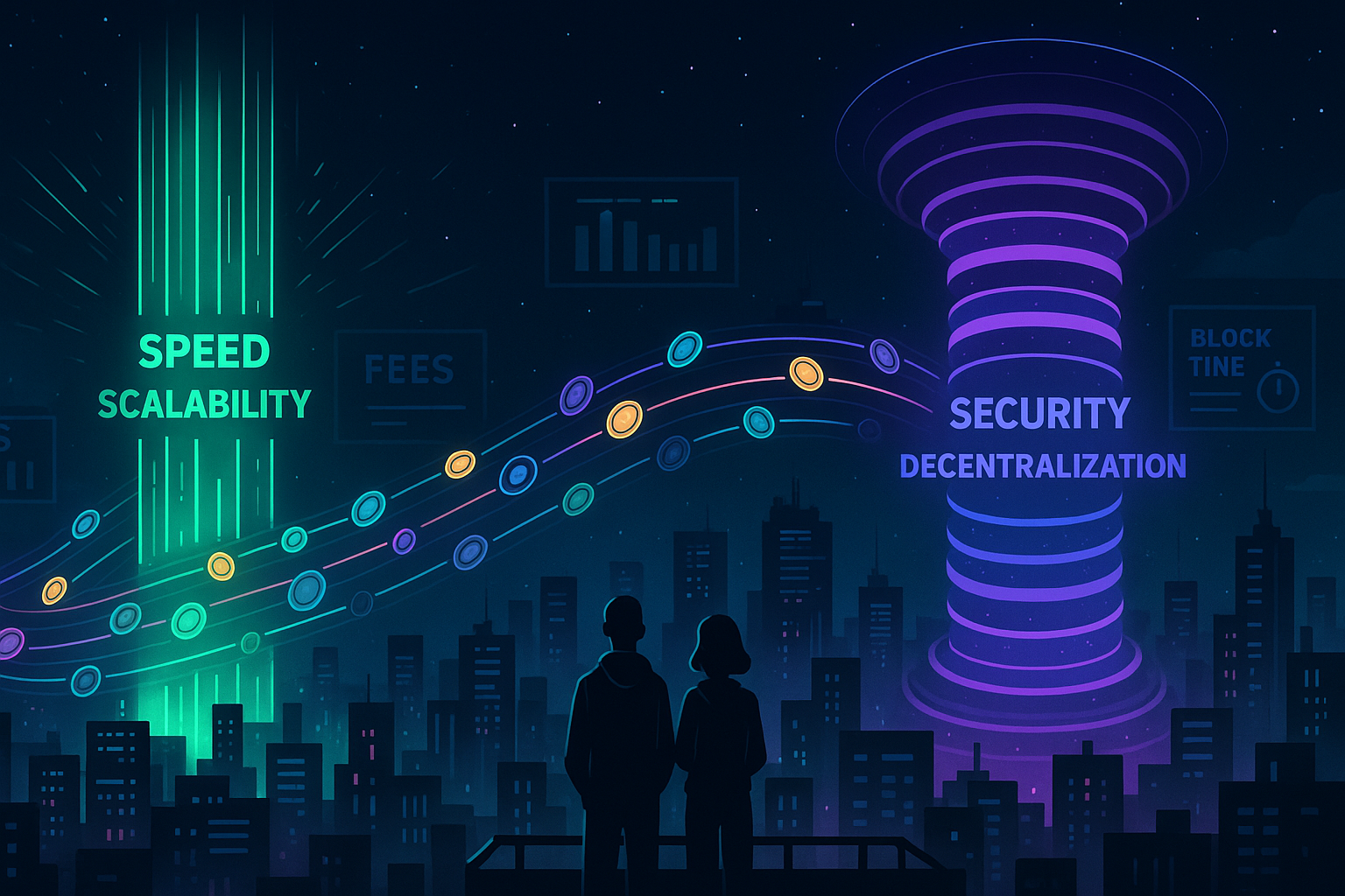 Futuristic crypto city with twin neon pillars symbolizing Solana speed and Ethereum security