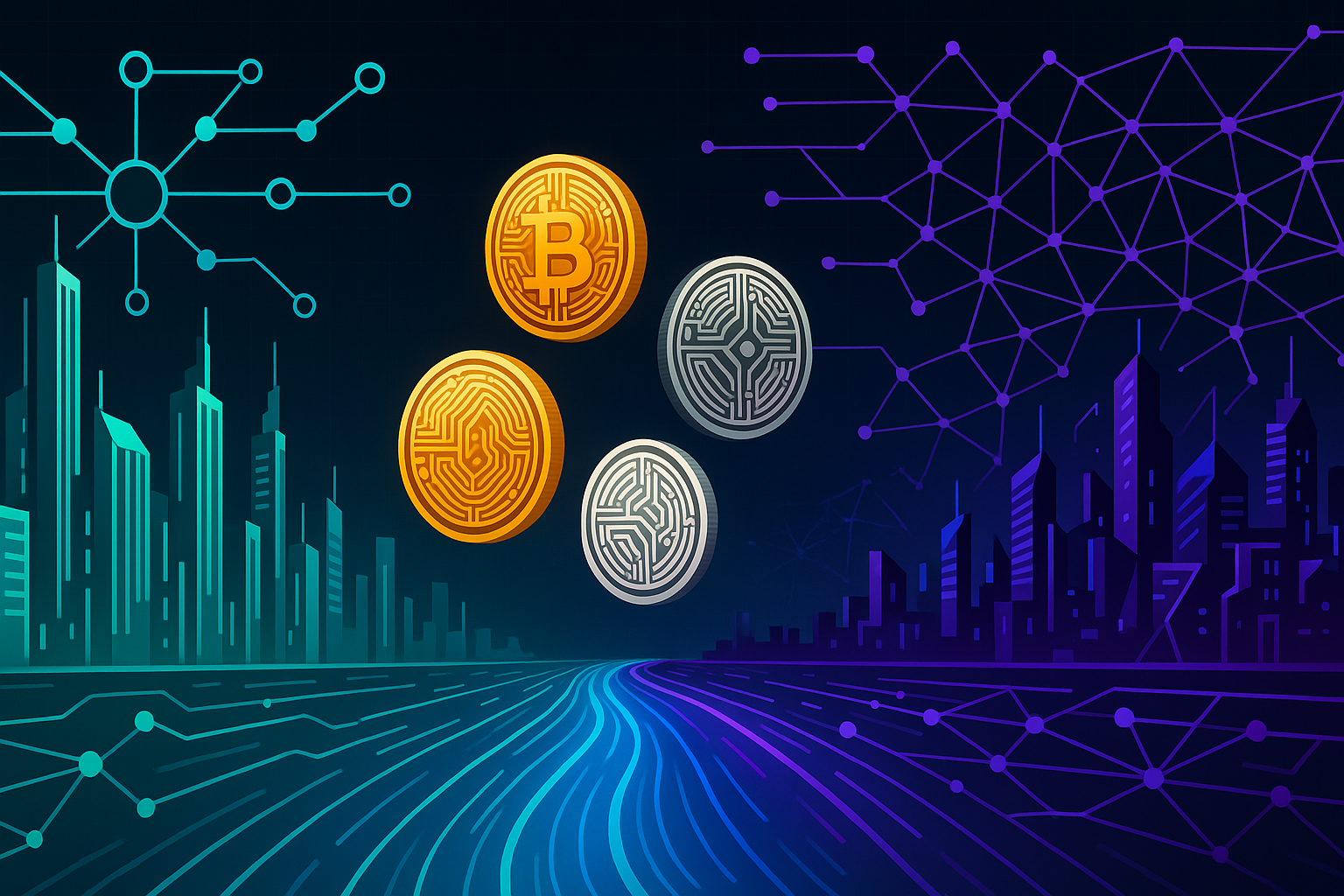 Futuristic digital cities facing off, symbolizing Solana vs XRP crypto networks