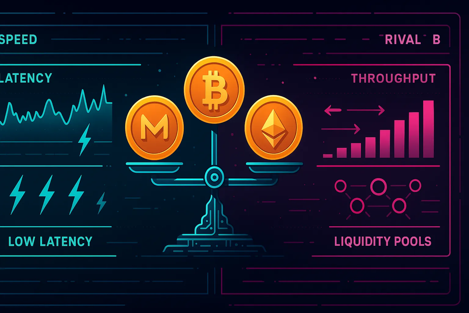 Een sciencefiction-achtig handelsdashboard dat twee concurrerende crypto-blockchains vergelijkt met munten op een digitale weegschaal.
