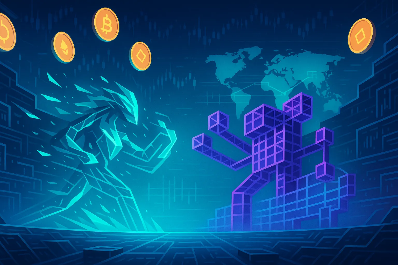 Futuristische illustratie van een arena waarin de blockchainnetwerken Solana en XRP het tegen elkaar opnemen.